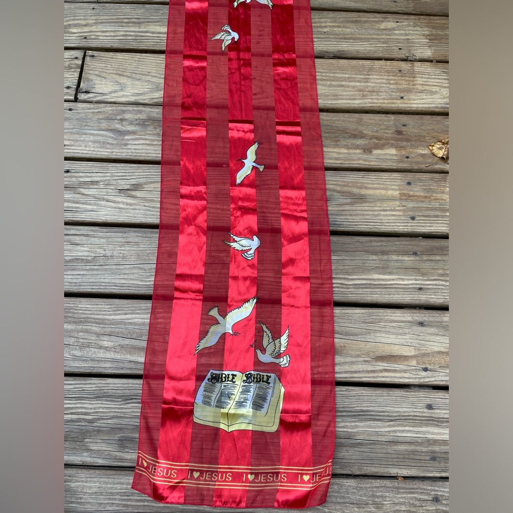 "1 ❤️ LOVE JESUS” Polyester Sheer Stripe Scarf Gold Red White Bible 55”